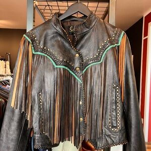 Scully Black Leather Fringe Jacket with Turquoise Trim